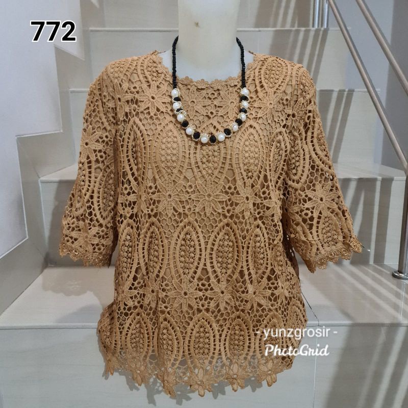 Blouse Brukat Tangan Pendek Putih dan Warna Jumbo XL, 2XL, 3XL-7