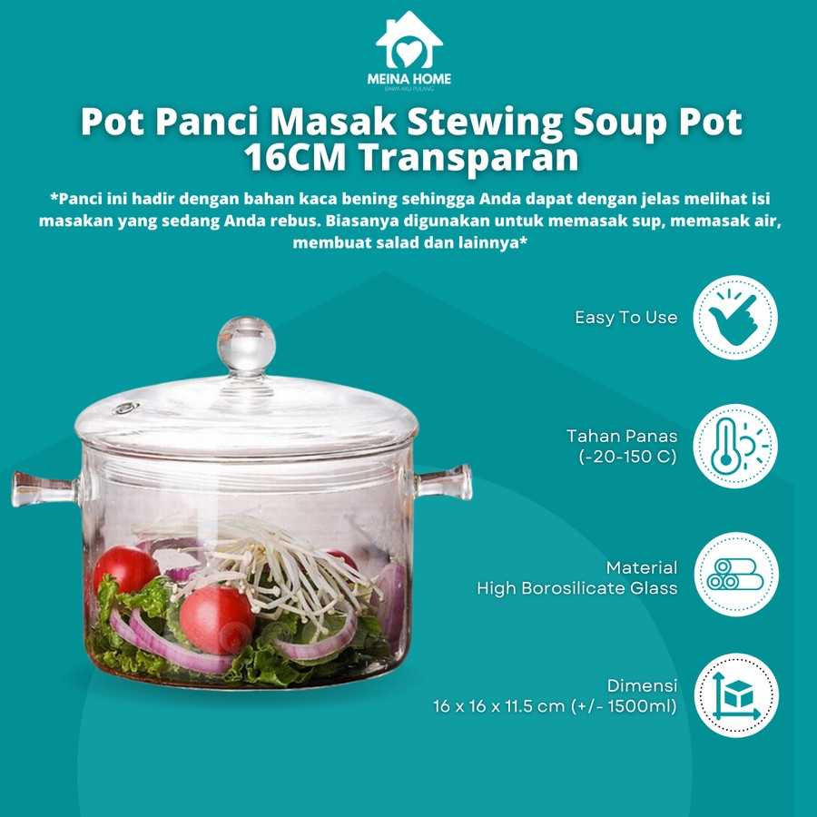 PANCI KACA TAHAN PANAS 16CM / PANCI MASAK KACA STEWING SOUP POT 1900ML ( COD )