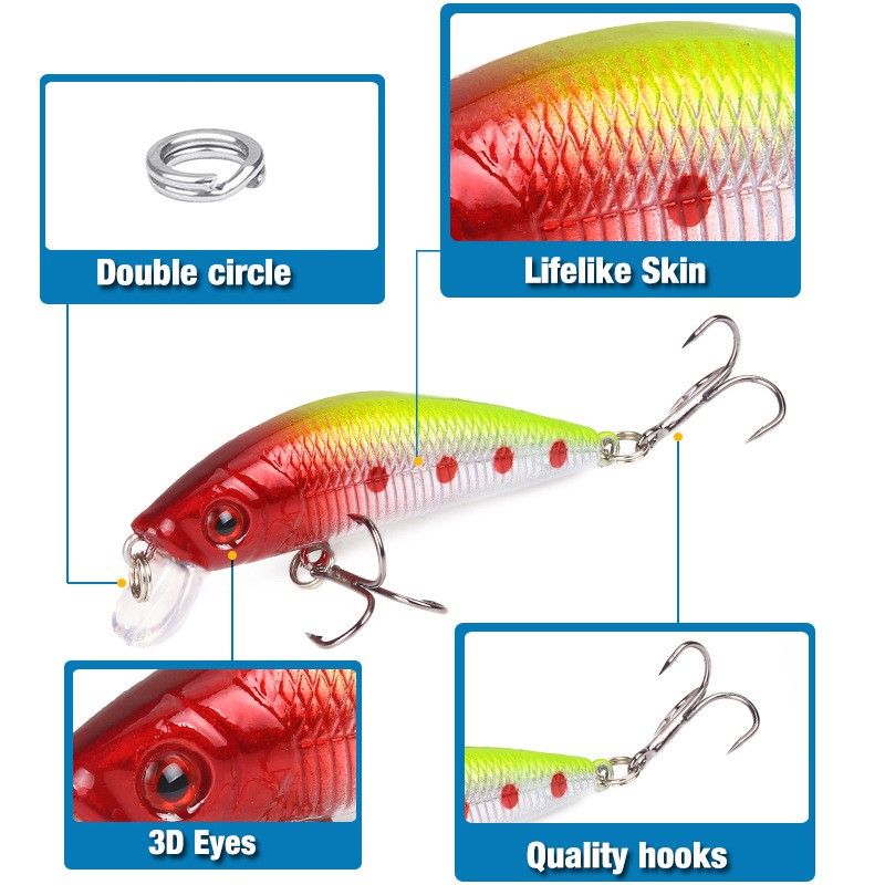 New 10Pcs 7cm/7.6g Minnow Umpan Pancing Swimbait Fishing Lure Ikan Bass Floating Bait Kail