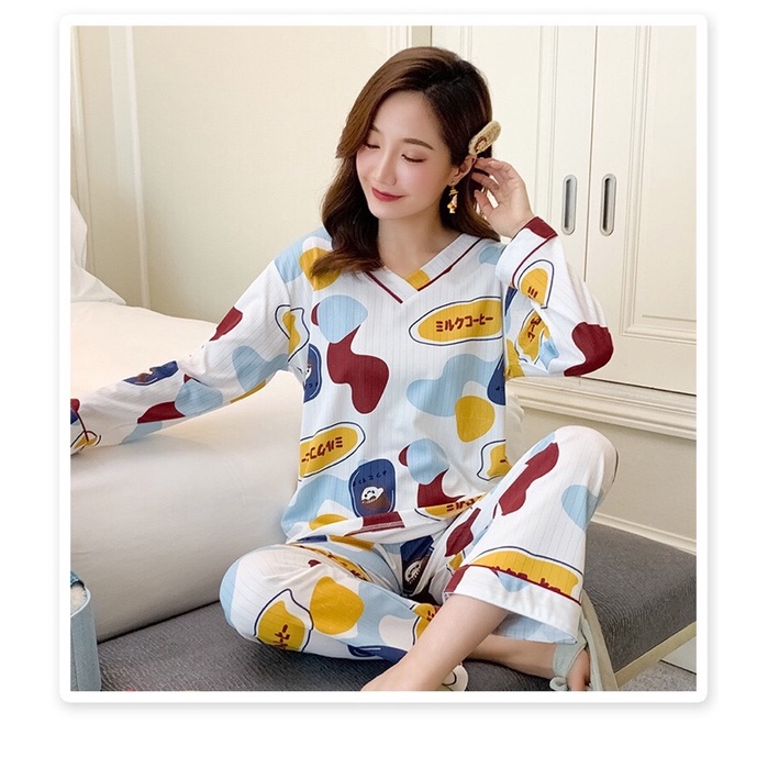 Piyama PP Import Spandek Katun Premium Quality Baju Tidur Wanita Dewasa Impor Setelan Lengan Panjang