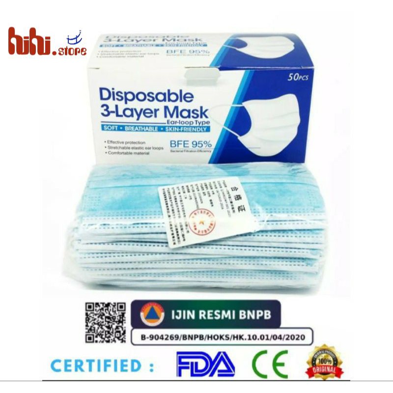 Masker 3 ply disposable (50pcs) MASKER 3 lapis PLAY EARLOOP DISPOSABLE lembut soft - masker murah - masker disposable