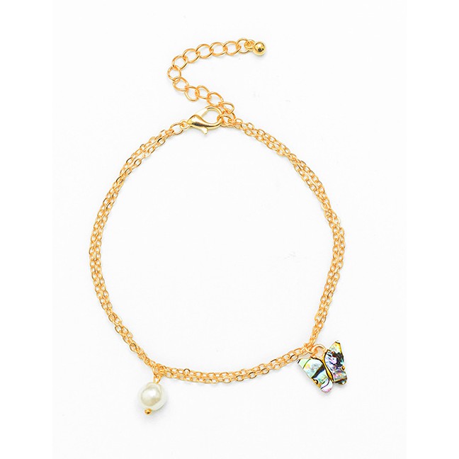 LRC Gelang Kaki Fashion Gold Color Abalone Shell Butterfly Pearl Chain Anklet K26995