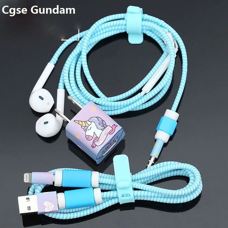 Paket Pelindung Lengkap Kabel Spiral Motif Kartun Lucu Ip0n charger dan Headset