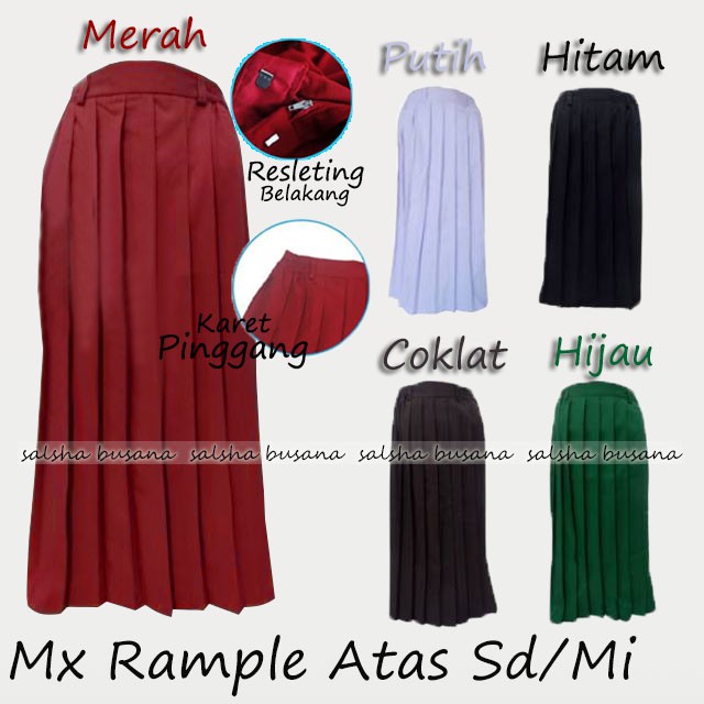 ROK RAMPEL SD MERAH COKLAT PUTIH MAXI SEKOLAH PLISKET PANJANG ONDER RUFFLE ATAS TWIST LICIN