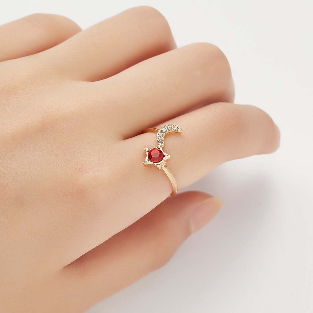 Cincin Emas 18k Bentuk Bulan Bintang Model Terbuka Dapat Disesuaikan