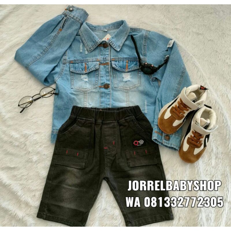 outfit anak cowok 2tahun+/jaket jeans/celana pendek/kacamata/jam tangan/sepatu