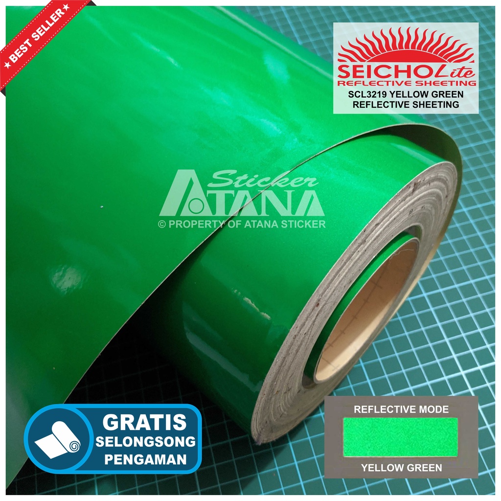 Bahan Stiker Cutting Hijau Skotlet Reflektif Fosfor Green Seicholite Reflective Sheeting Nyala Printing Sticker Material Scotchlite Scolite Scotlet Sechotlite Memantulkan Cahaya Flash Malam Hari Mata Kucing Mesin Plotter