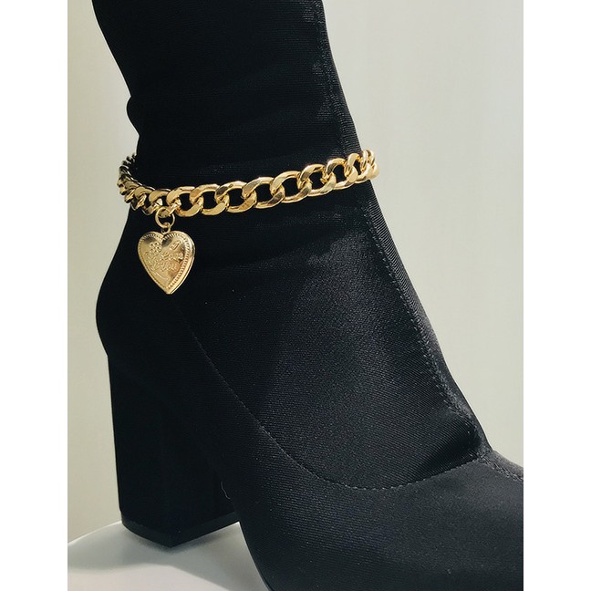 LRC Gelang Kaki Fashion Gold Heart-shaped Engraved Open Metal Shoe Chain F35789