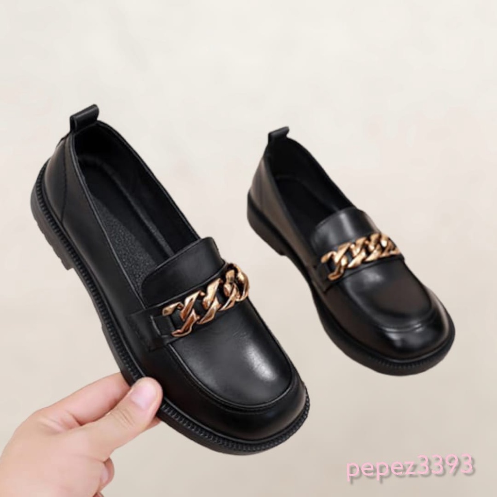 8.8 SEPATU WANITA LOAFERS DOCMART RANTAI GOLD BLACK DOF PREMIUM 2270