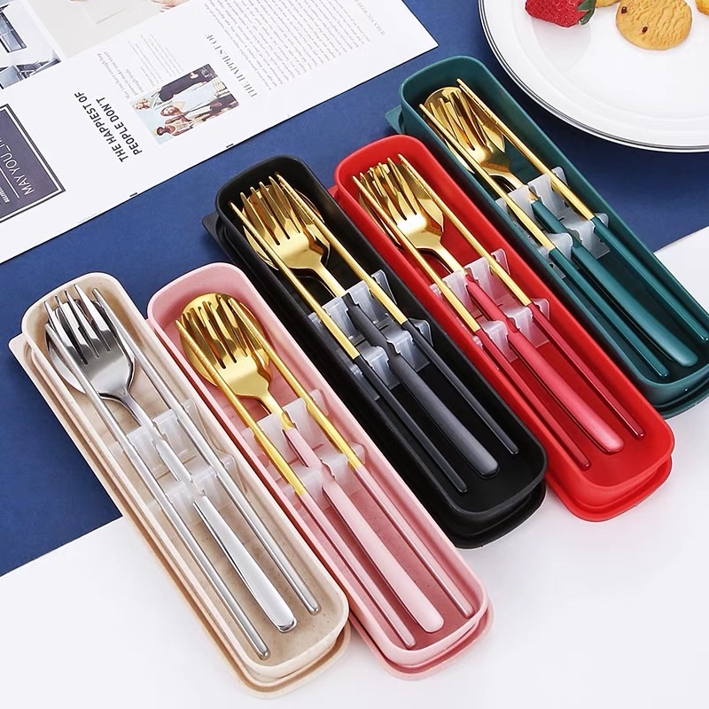 SET ALAT MAKAN KOREA GOLD &amp; SILVER DENGAN BOX PREMIUM QUALITY / SET SENDOK GARPU SUMPIT KOREA /  ALAT MAKAN TRAVEL SET 3IN1 BOX STAINLESS / SENDOK SET / GARPU SET / SUMPIT SET / ALAT MAKAN SET / SPOON FORK CHOPSTICKS SET / CUTLERY SET