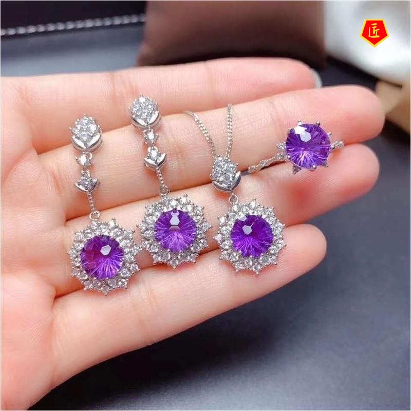 [Ready Stock]New Amethyst Rings Pendants Earings Set Pt950 Platinum