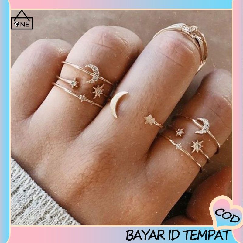 COD❤7 Piece Cincin Set Kupu-kupu Bintang Bulan Korea Retro Bohemian Mewah Pernikahan  Aksesoris A one