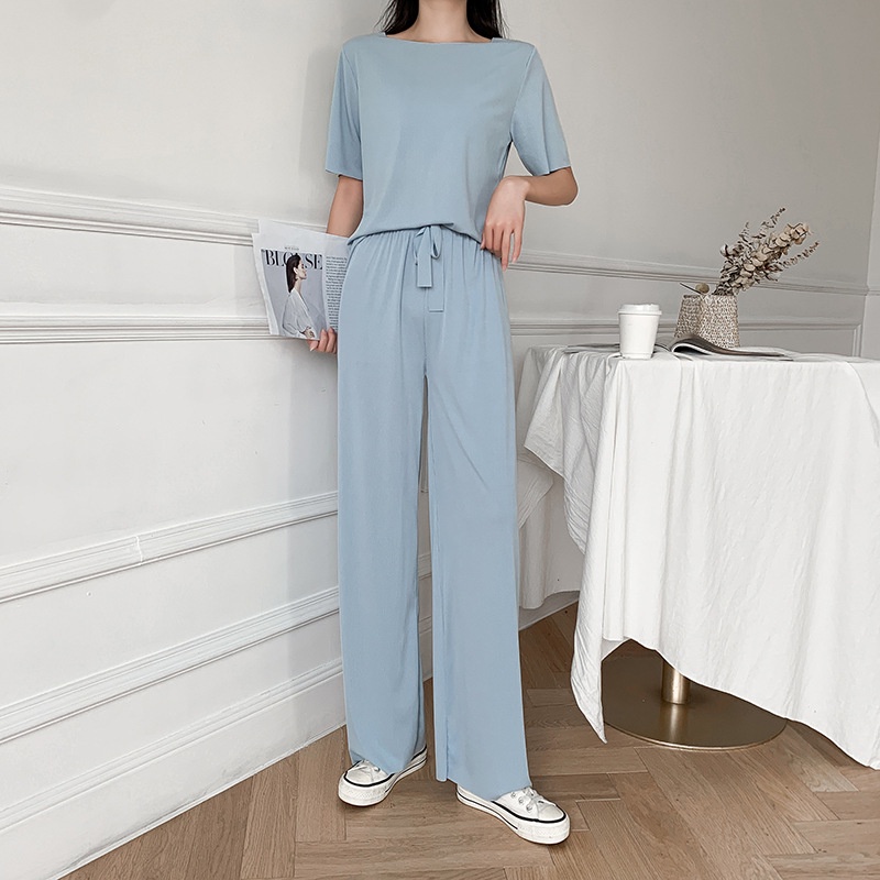 Piyama Baju Tidur Import Sleepwear Lengan Pendek Celana Panjang Polos Stelan Rumah Oversize Ice Silk-5