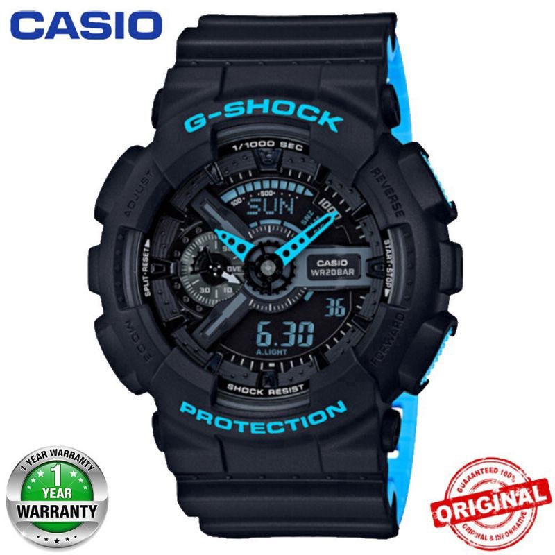 JAM TANGAN PRIA CASIO G-SHOCK GA-110 HITAM BIRU FULL SET