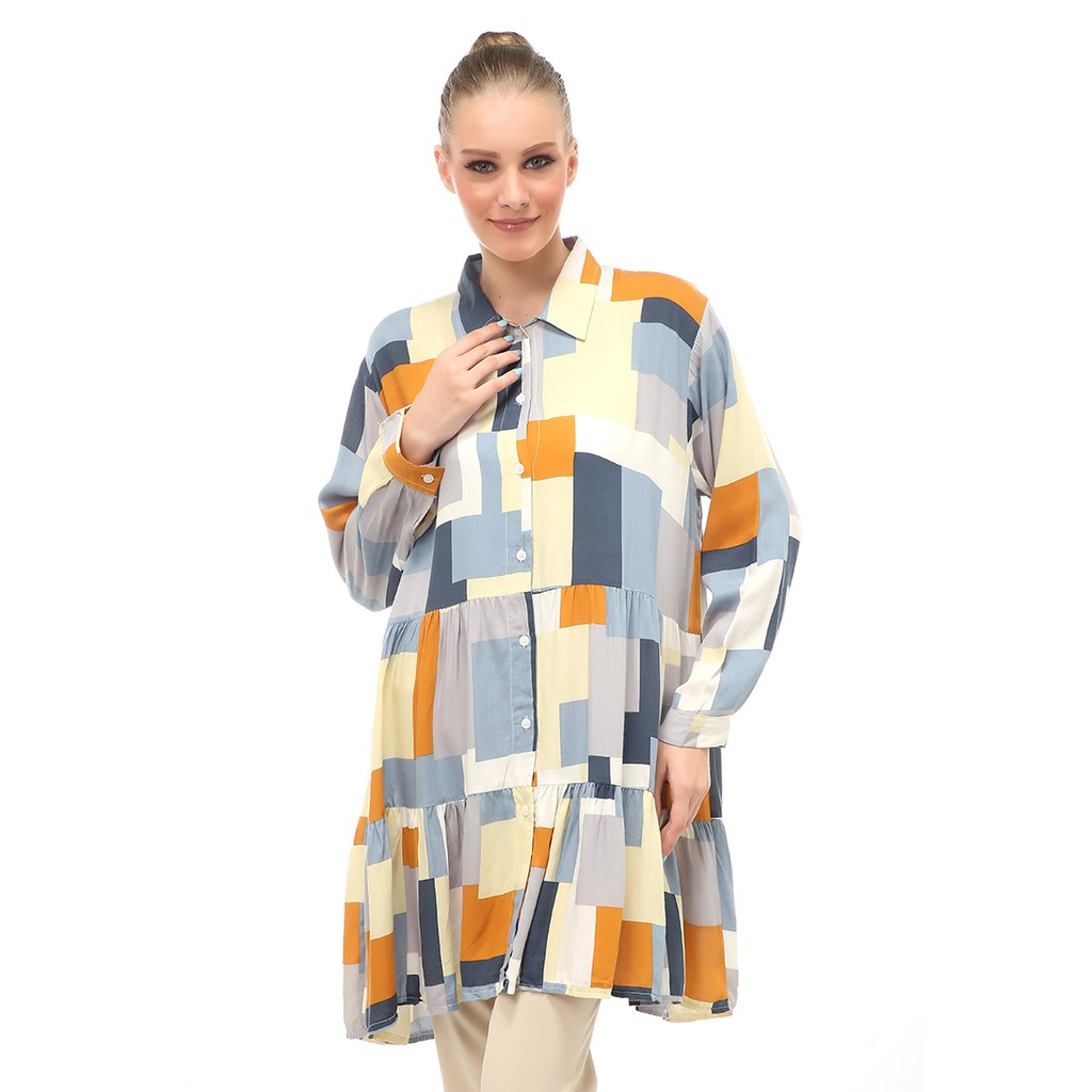 Tunik Atasan Wanita Long Sleeves Motif Abstrak Multicolor Relaxed Fit - Motif 2