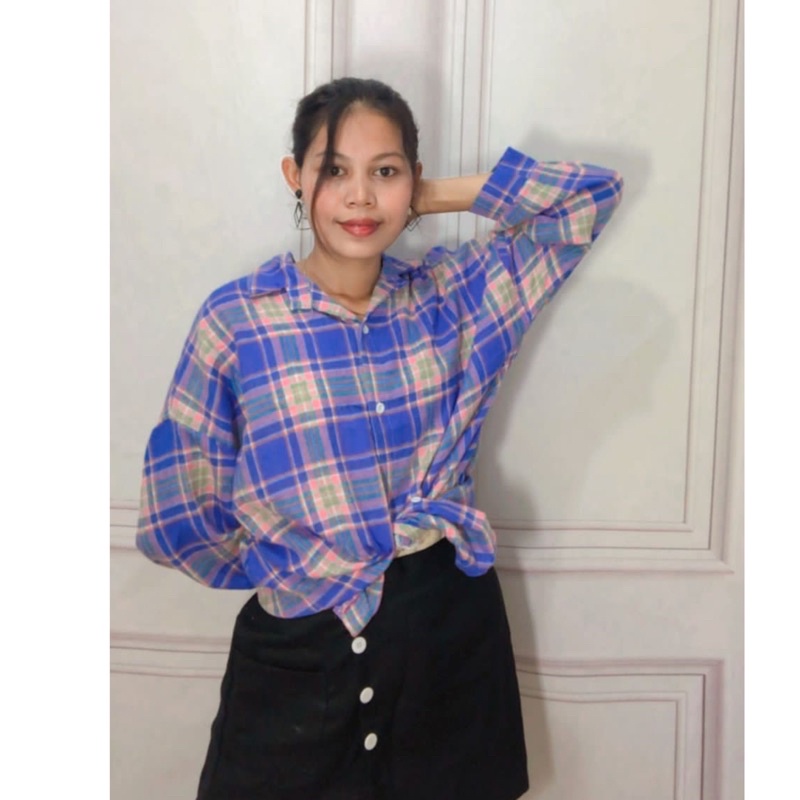 IOS SHOP - Kate Kemeja Katun Impor Casual Wanita Korea Fashion Girls Atasan Lengan Panjang Kotak Kotak-7