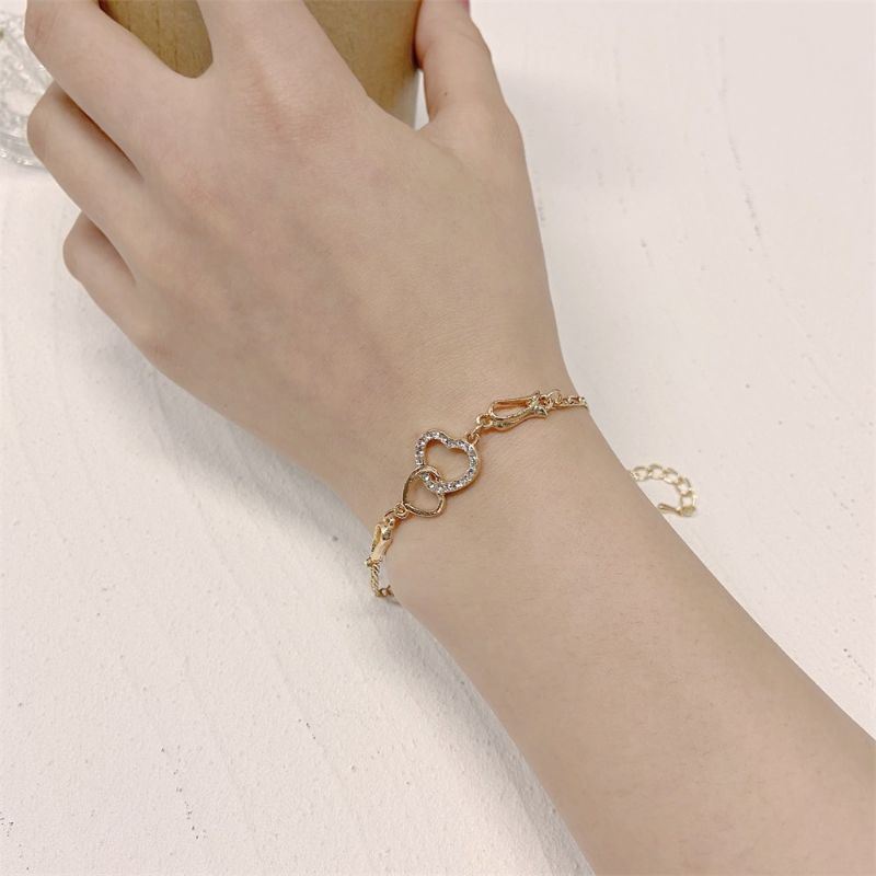 FERENHONGXIA Fashion Hollow Double Love Wanita Gelang Berlian Berbentuk Hati Wanita