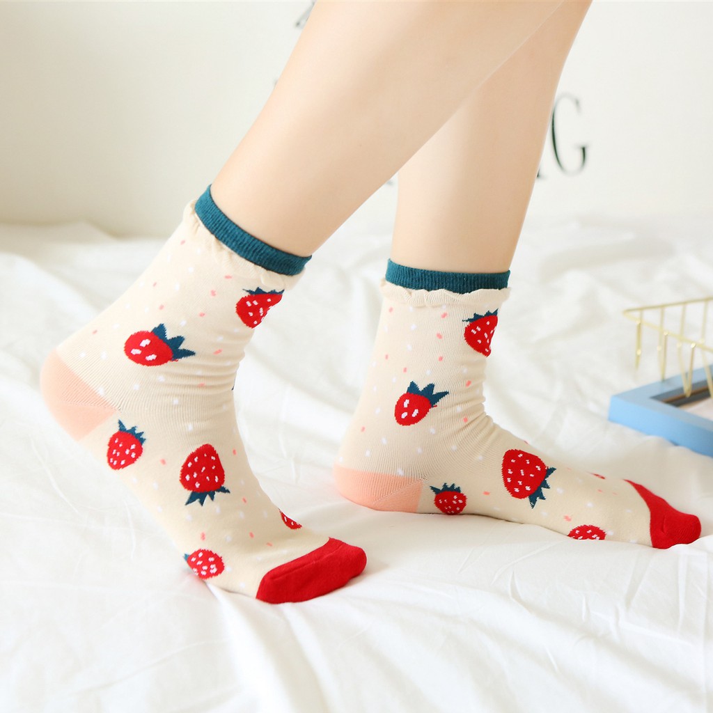 KK-54 kaos kaki wanita motif orange strawberry fruits cotton socks import jepang