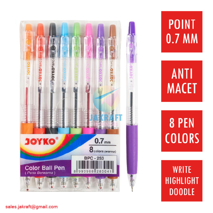 

Pulpen Color Ballpoint Pen Set 8 Warna JOYKO BPC-253 0.7 mm Anti Macet VDE409
