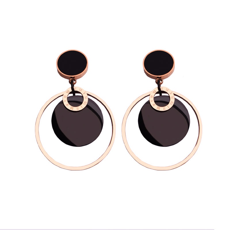 Anting bulat hitam angka romawi titanium anti karat korea fashion - ercassia