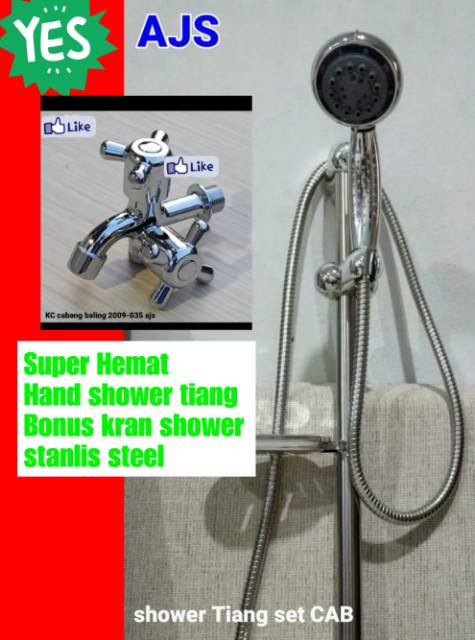 Promo hand shower+tiang bonus kran cabang/double,shower mandi,kran air,perlngkpn kmr mndi shower shower tiang bonus keran cabang stainless