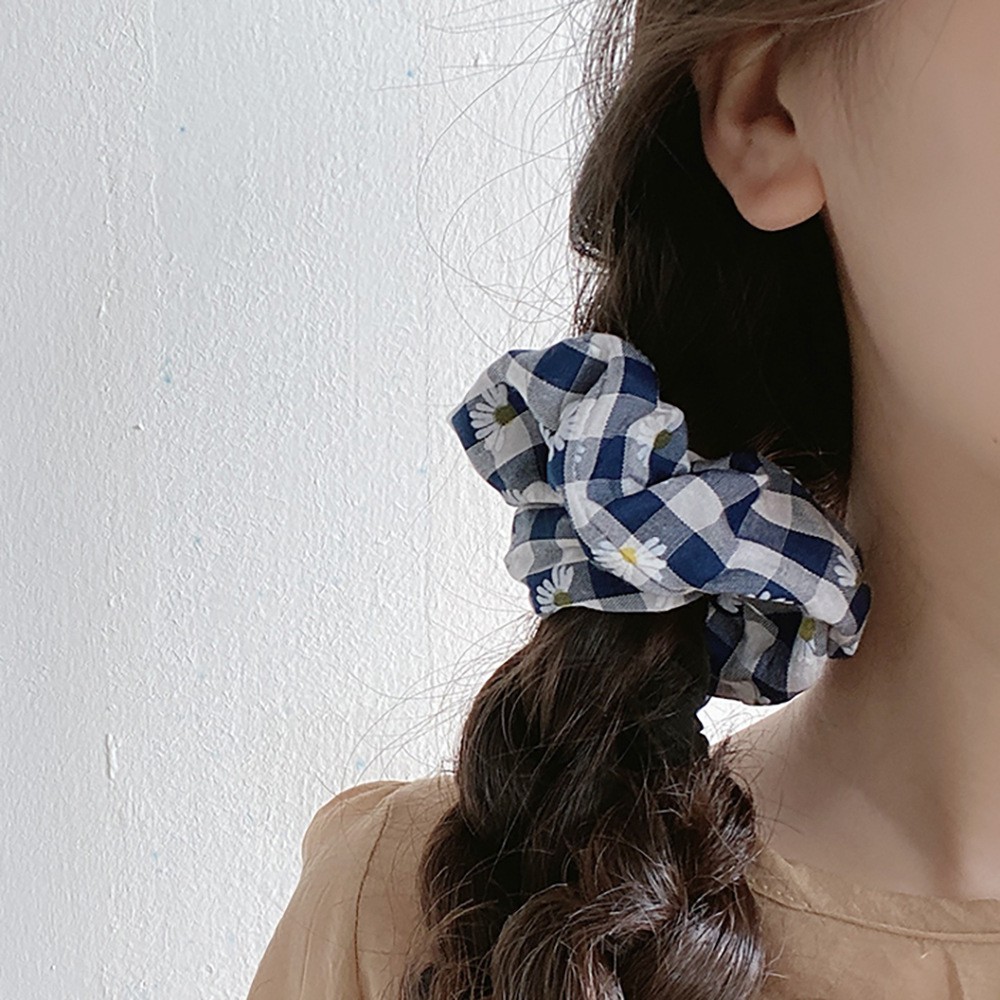 OVERFLOWS.ID Scrunchie Ikat Rambut Cepol Korea Lucu Bunga Daisy Kotak Tartan Bahan Katun BORDIR