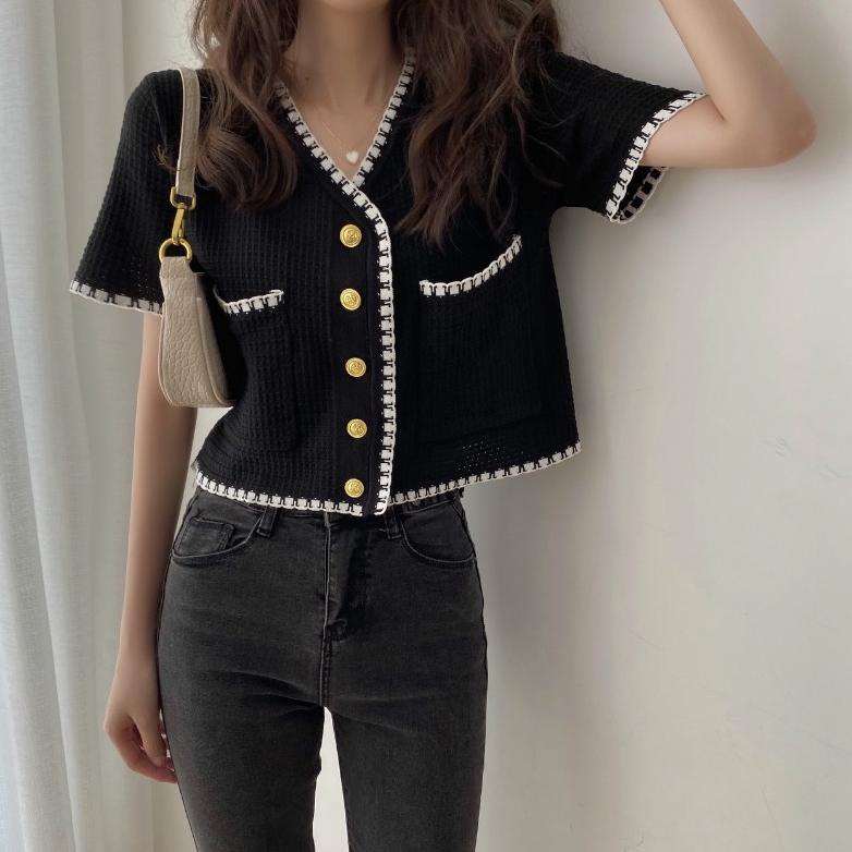 Atasan Crop Top Kardigan Rajut Wanita Lengan Pendek Korean Style Cardigan Rajut