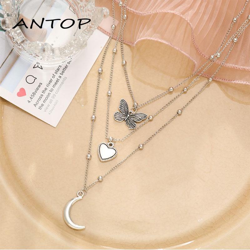 Kalung Korea Mutiara Kupu Emas Perak Rantai Multilayer Necklace Wanita Aksesoris ANTOP