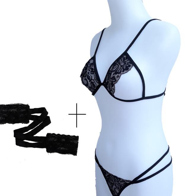 Bikini Set Lingerie Open Bra Plus Cd Dan Borgol Renda - Hitam