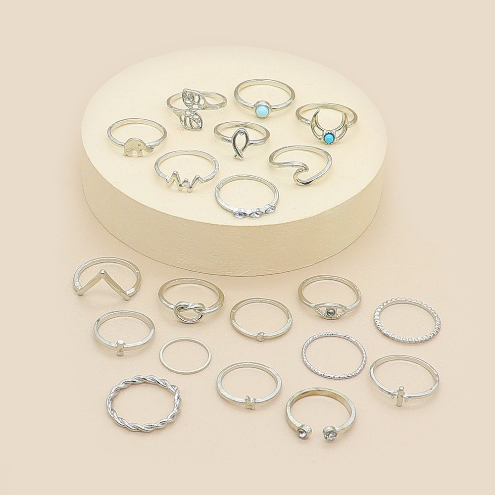 20pcs / set Cincin Jari Telunjuk Desain Bulan Sabit Hias Berlian Turquoise Gaya Bohemian retro Untuk Wanita