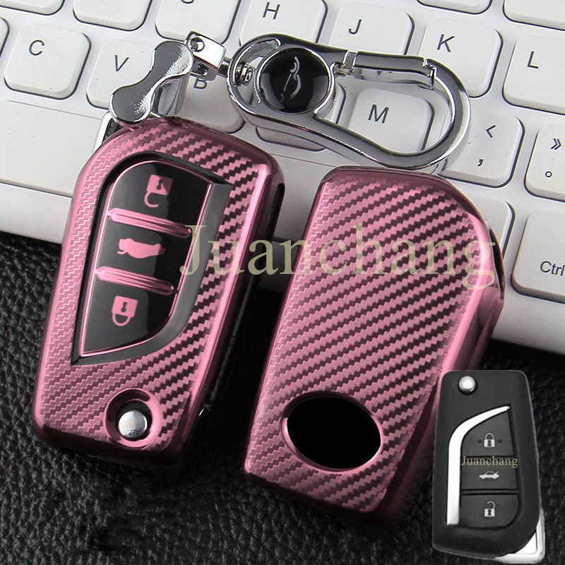 Casing Kunci Mobil 3 Tombol Bahan TPU Aksen Serat Karbon Untuk Toyota Auris Corolla Avensis Verso Yaris Aygo Scion TC IM 2015 2016 Camry RAV4