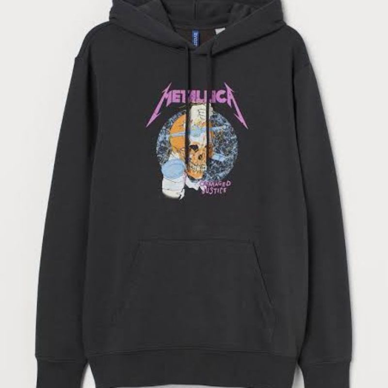 Hoodie Jaket Pria Wanita HnM H&amp;M Metallica Justice Damage Hitam / Ariana 7rings Hitam Full Tag