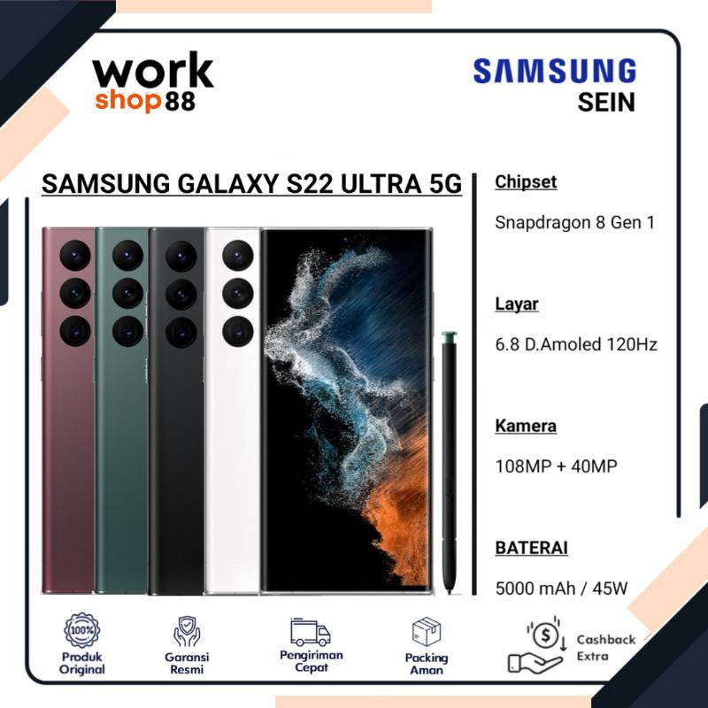 Terbaru HP Samsung Galaxy S22 ULTRA 5G 12/512 Ram 12GB Rom internal 512GB - New SEIN Original Garansi Resmi - Snapdragon 8 Gen 1 - Warna Black Green White Burgundy Bronze Merah Marron Hitam Hijau White - 12/256 8/128 8 128 12 256 512 GB - Promo Murah