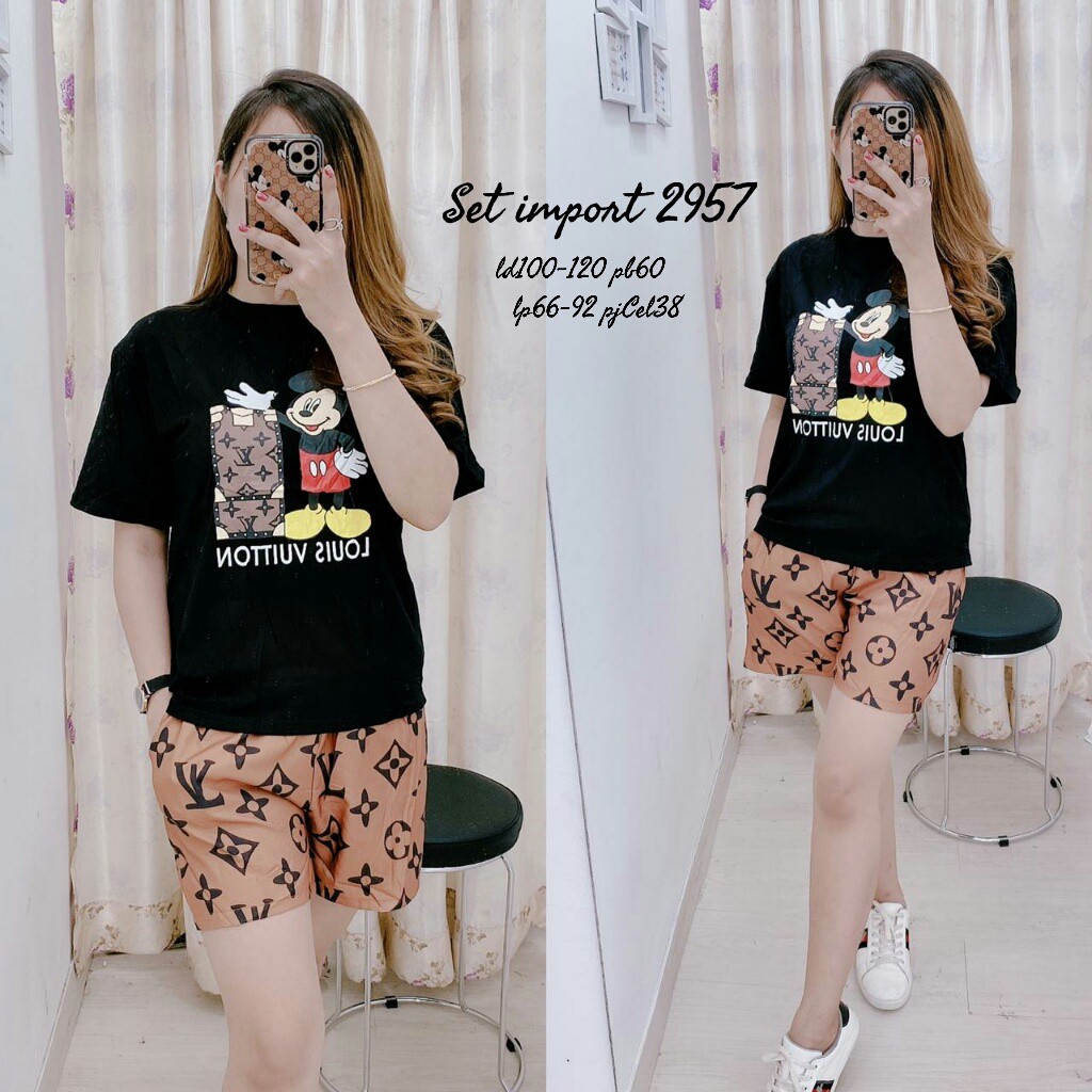 SETELAN KAOS+CELANA WANITA IMPORT PREMIUM LV LOUIS VUITTON MICKEY 2957