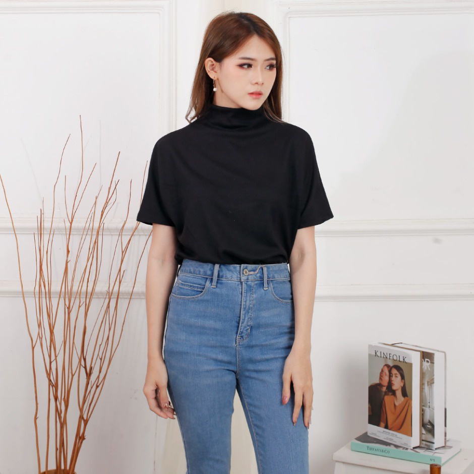 CAVALU Kaos Oversize Baju Atasan Wanita Kalong Turtleneck High Neck Tee Basic Top 100