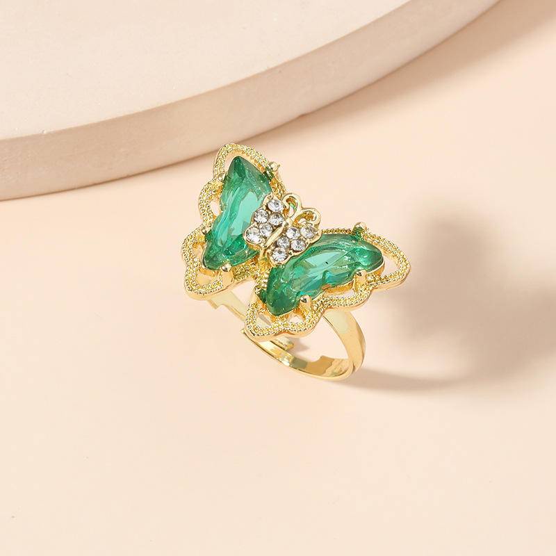 Cincin Lapis Emas Model Terbuka Desain Kupu-Kupu Hias Kristal Hijau Adjustable Untuk Wanita