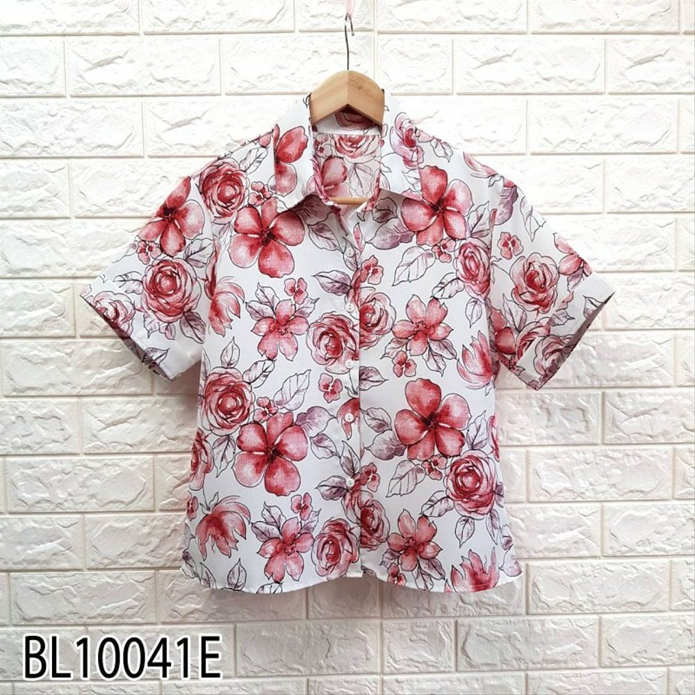 BAJU ATASAN WANITA KEMEJA MOTIF BUNGA LENGAN PENDEK BL10041E