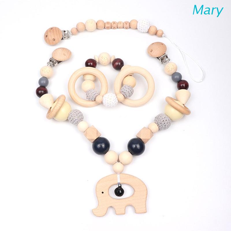 Mary 3pcs / Set Mainan Teether / Rattle Bentuk Gajah Bahan Kayu Untuk Aksesoris Stroller Bayi Nursi