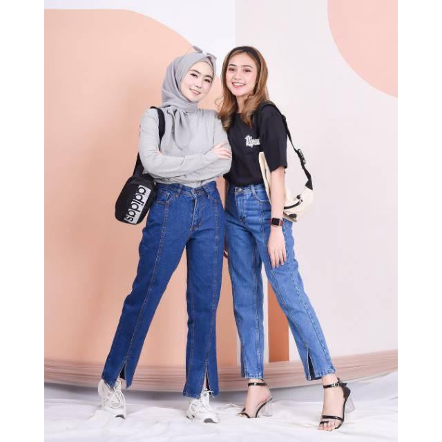 Celana Boyfriend Jeans Wanita Belah Depan / CELANA BOYFRIEND BELAH KEKINAN //JEANS WANITA SOBEK BAWAH TERBARU KEKINIAN// BOYFRIEND LINE TULANG BELAH