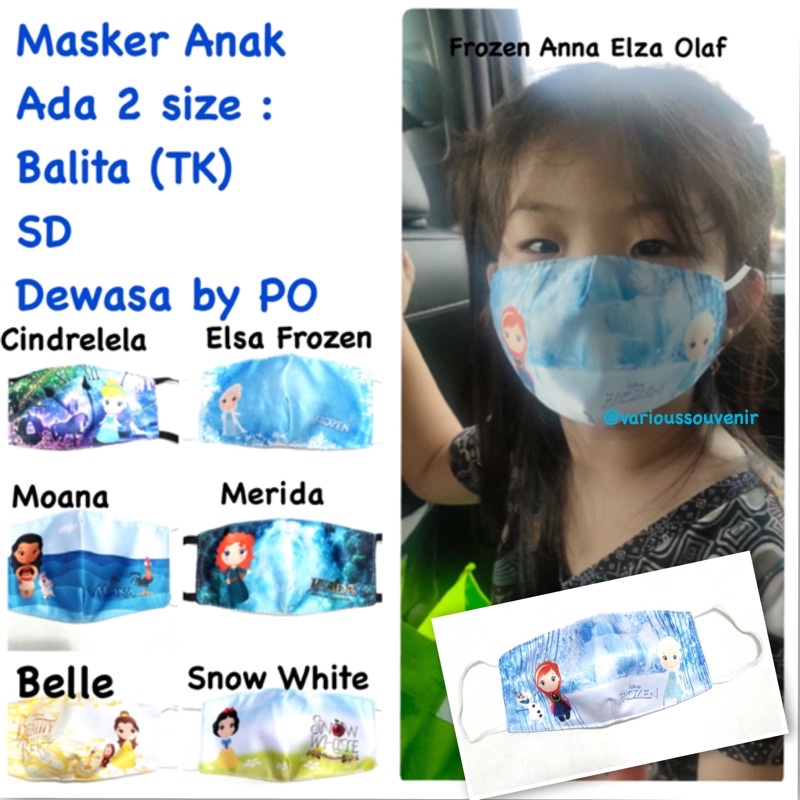 Masker Anak size Sekolah SD dan TK Playgroup Balita Kartun Frozen Elsa Anna Princess Putri Cindrelela Snow White Belle Beauty And The Beast