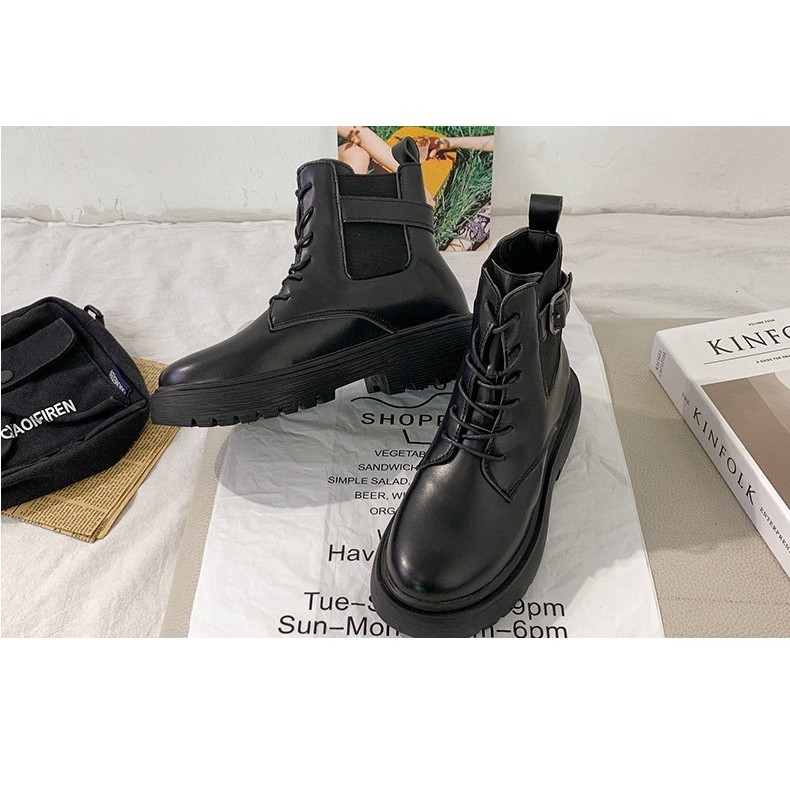 SBGT sepatu boot aksen gesper high ankle hitam sol tebal import korea jepang martin boots