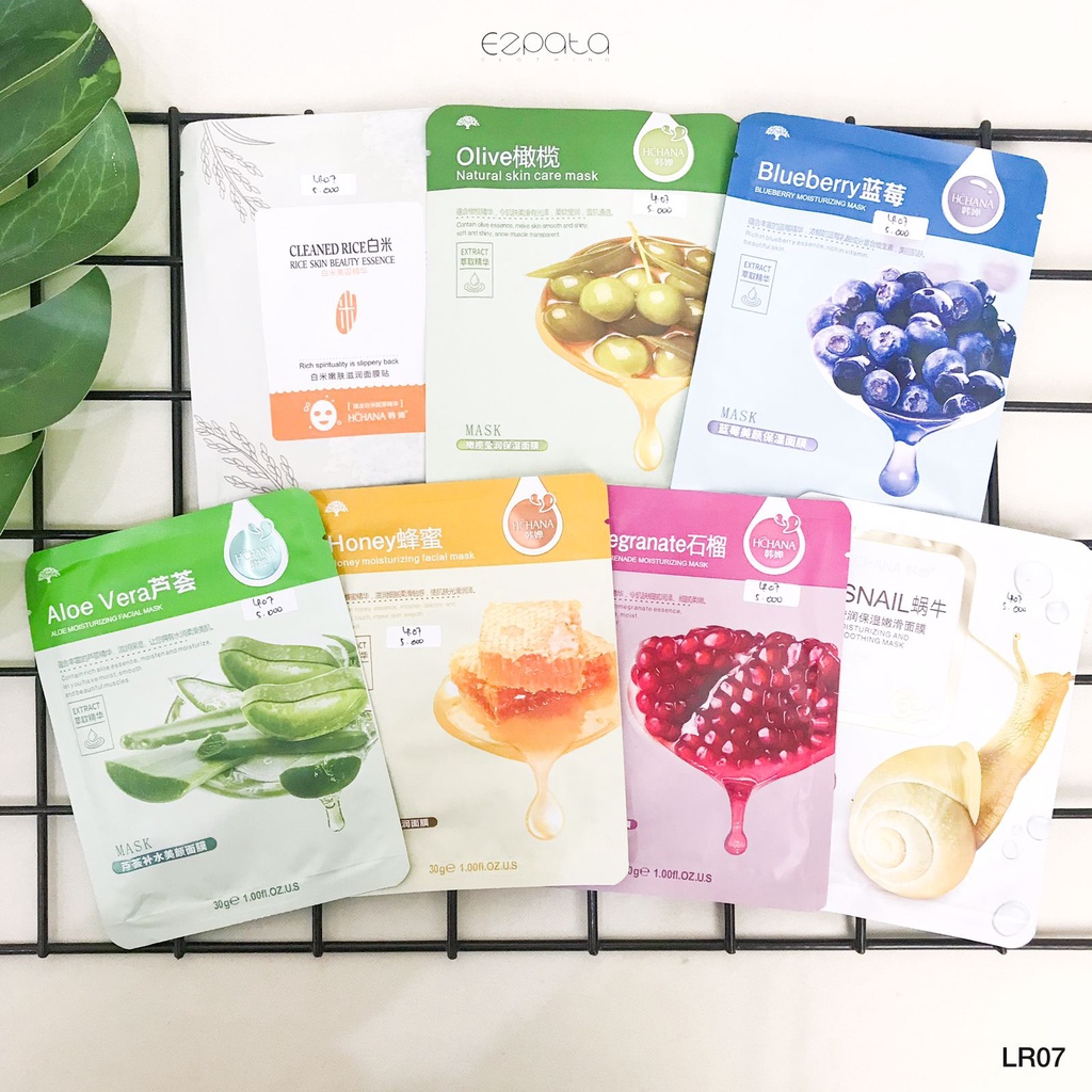 Rorec Sheet mask Masker Wajay Blueberry Aloe Vera Honey Cucumber Olive Pomegranate Collagen Mouisturizing Termurah