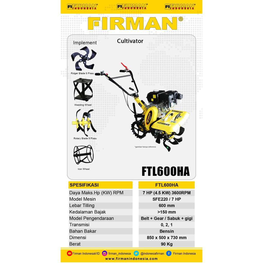 Firman FTL600HA / Mesin Traktor Mini / Mesin Bajak Mini FTL 600HA / Mini Tiller Firman FTL600HP Cultivator Mini Mesin Bajak Lahan Kering