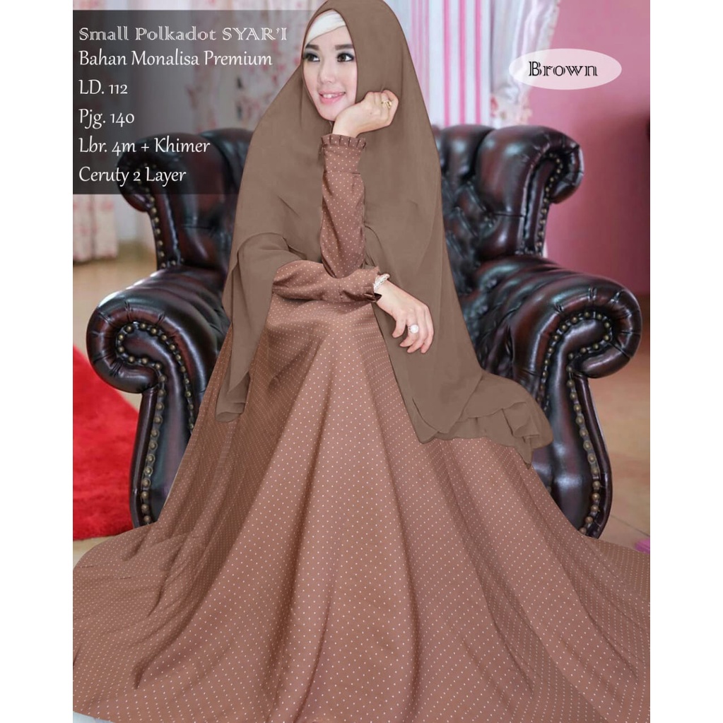 gamis syarii mayung polkadot monalisa set hijab ceruty 2 layer fashion muslim kekinian