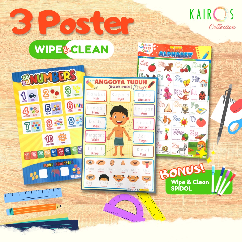 3 Poster Dinding Glossy Wipe and Clean Edukasi Anak Paud TK SD Belajar Menulis Calistung Glosi