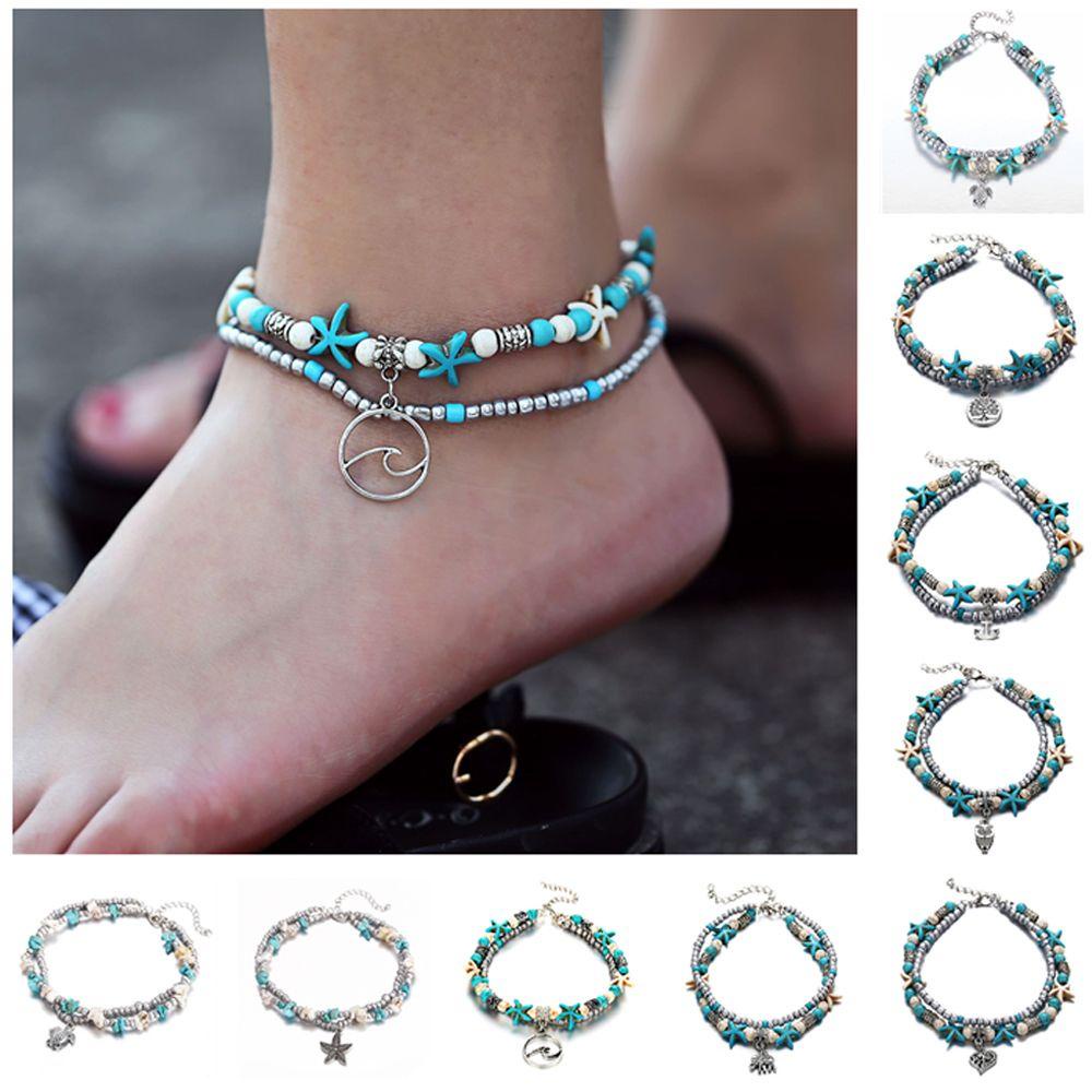 Lily Gelang Kaki Baru Perhiasan Menarik Aksesoris Kaki Rantai Tipis Pantai Drop Rantai Tebal YOGA Bintang Laut Turquoise Foot Chain