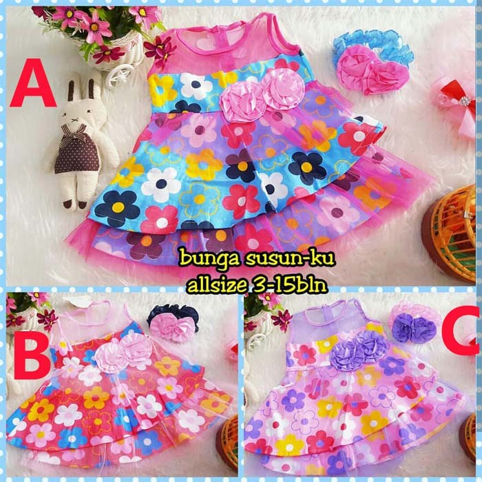 Baju Bayi Perempuan Dress Bayi Bandana Flowery allsize usia umur 3 - 15 bulan