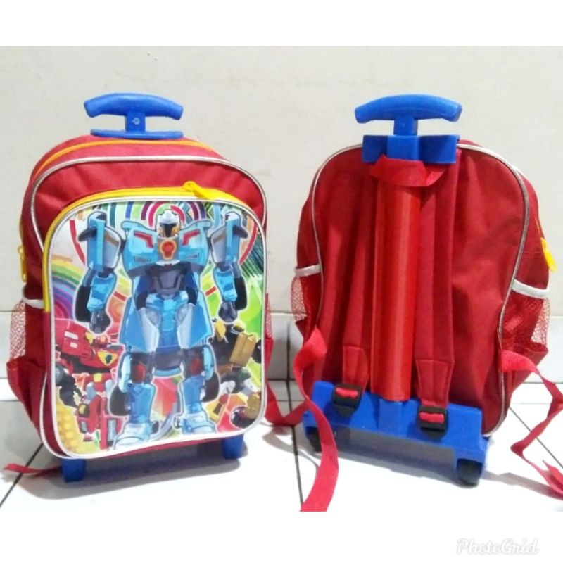 Tas ransel troli troly trolley koper roda dorong anak sekolah PAUD karakter robot tobot murah