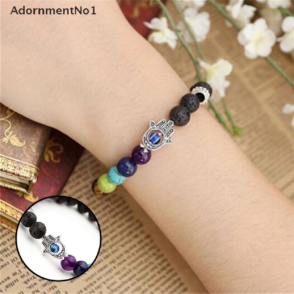 (AdornmentNo1) Gelang Tangan Batu Lava Aksen Tangan Hamsa + Kristal + Chakra Untuk Penyembuhan Reiki