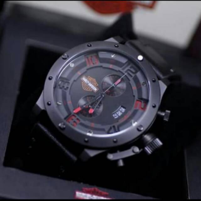 Jam Tangan Pria Sport Harley Davidson Chrono Original Garansi 1thn Black List Red
